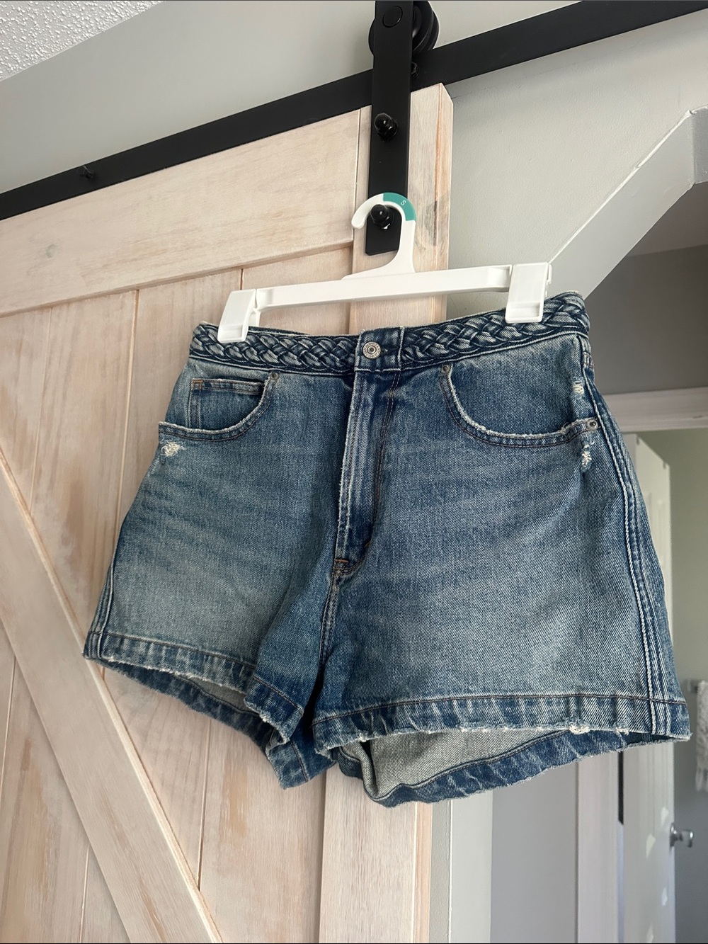 Denim High-Waist Braided-Waist Shorts in Blue. Curve Love.